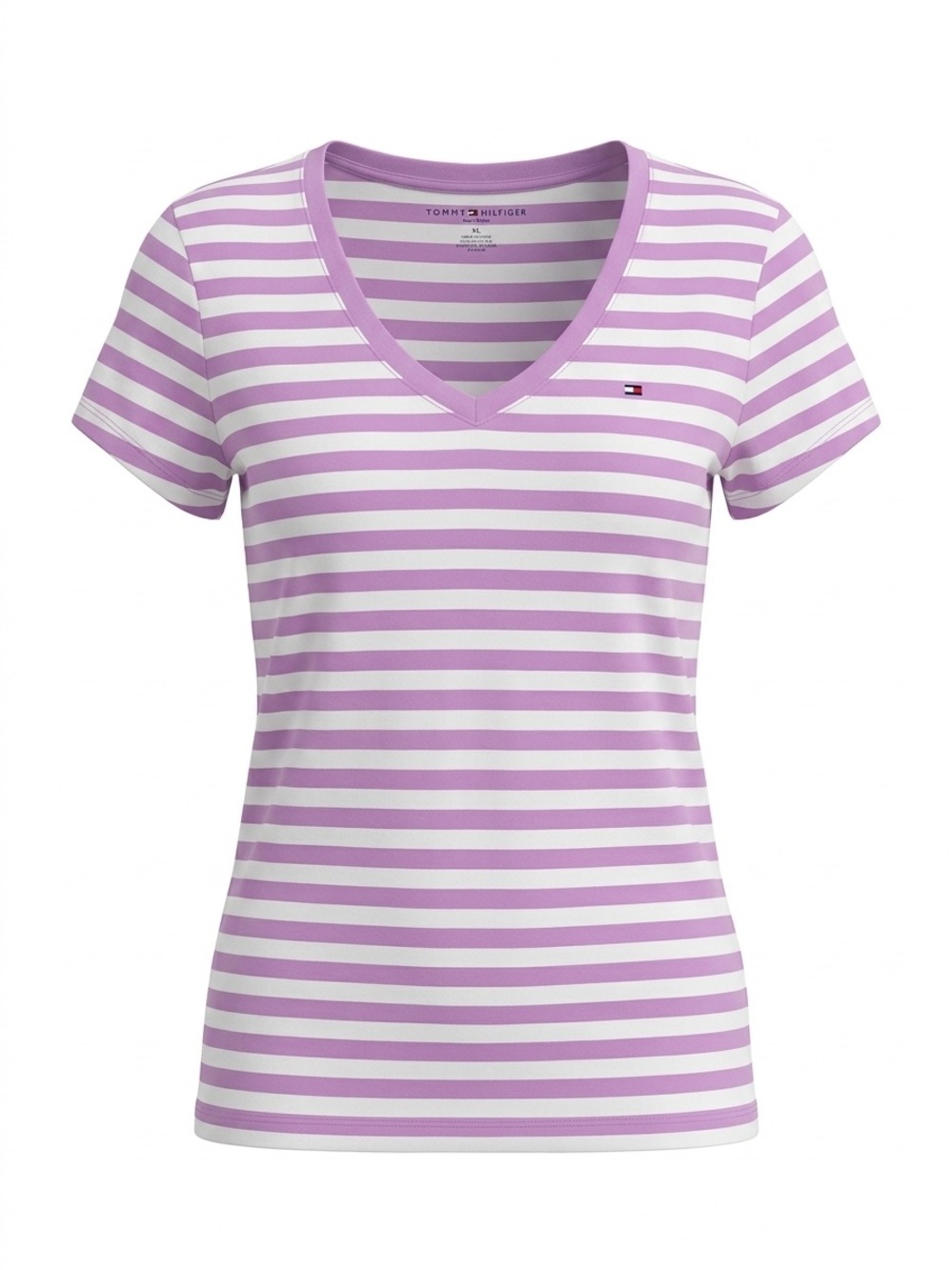 Tommy Hilfiger Lavender & White Striped V-Neck Cotton Tee Sz XL Preppy Old Money